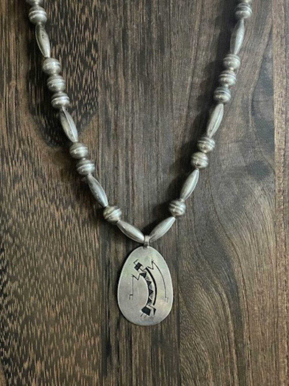 Vintage Sterling Signed Willie Yazzie Yei Pendant on Bench Bead Necklace